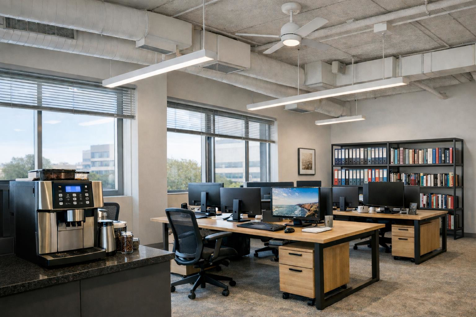 A photo realistic image of a well cooled office